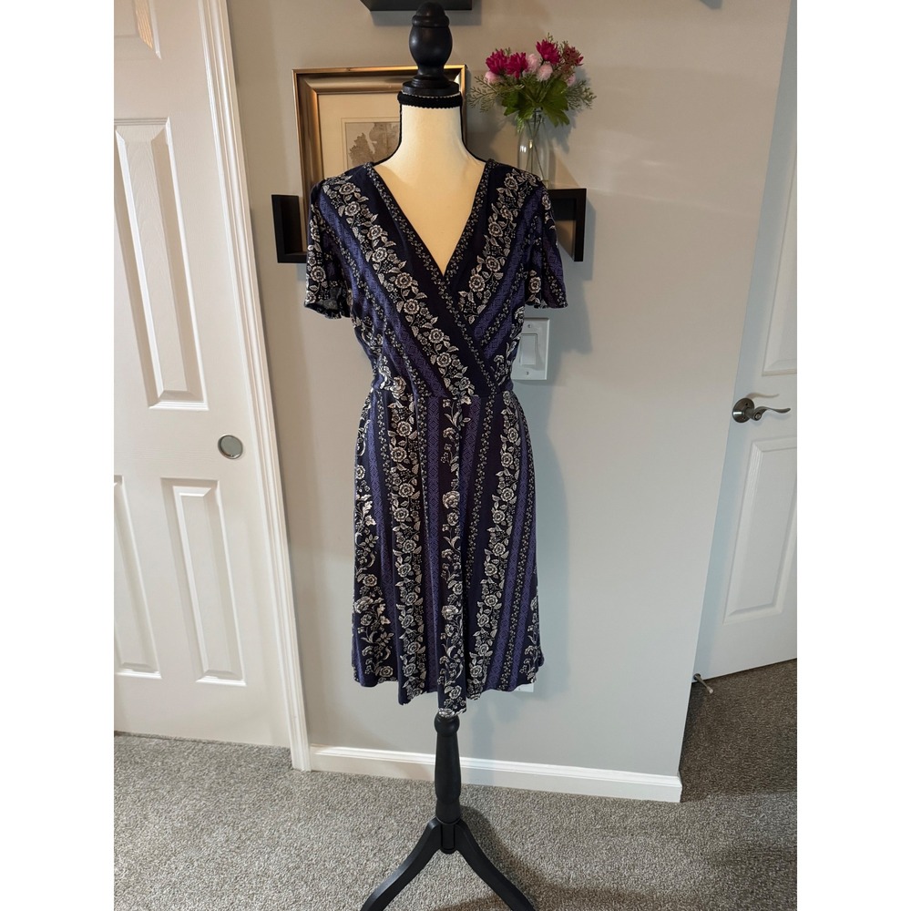 Loft Womens Navy Blue Floral Stripe Faux Wrap Dress V-Neck Short Sleeve Size 10